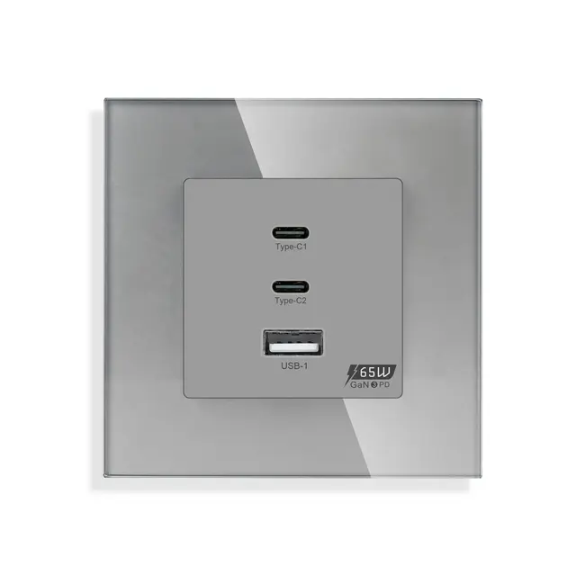 Priza incarcator Fast Charge GaN 65W 1x USB Type-A 2x Type-C cu rama din sticla Tosyco