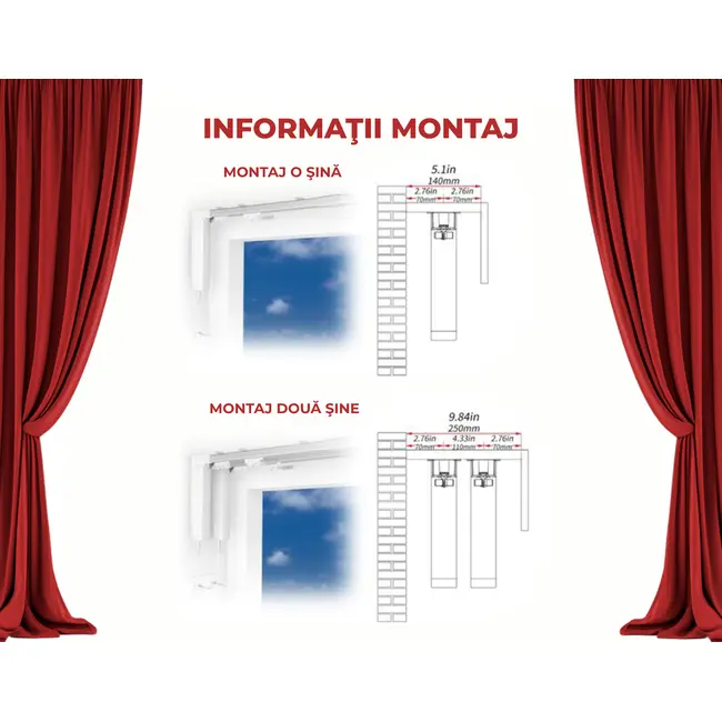Kit sina pentru perdele / draperii extensibila 1.8m-3m automarizare cu motor electric smart WIFI MP82 Tosyco si telecomanda compatibil cu Tuya, Google Home, Amazon Alexa