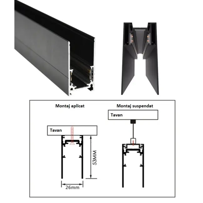 Sina magnetica aplicata/suspendata, aluminiu, 2M Negru Tosyco
