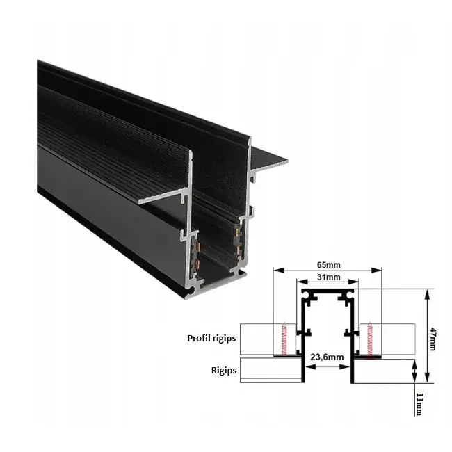 Sina magnetica montaj incastrat sub rigips, aluminiu, 1M Negru Tosyco