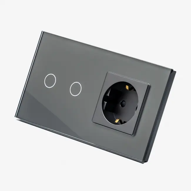 Intrerupator dublu cu touch (tactil) 1000W + priza schuko cu rama din sticla Tosyco