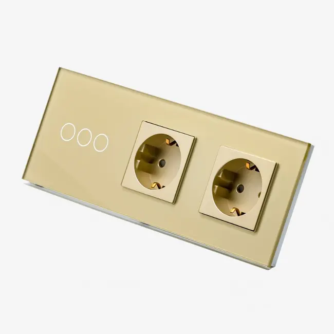Intrerupator triplu cu touch (tactil) 1000W + priza schuko dubla cu rama din sticla Tosyco