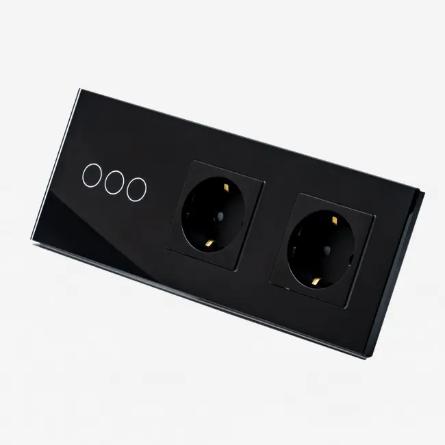 Intrerupator triplu cu touch (tactil) 1000W + priza schuko dubla cu rama din sticla Tosyco