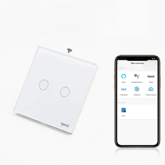 Intrerupator dublu smart WIFI cu NUL cu touch (tactil) din sticla 1000W Tosyco compatibil cu Tuya, Google Home, Amazon Alexa