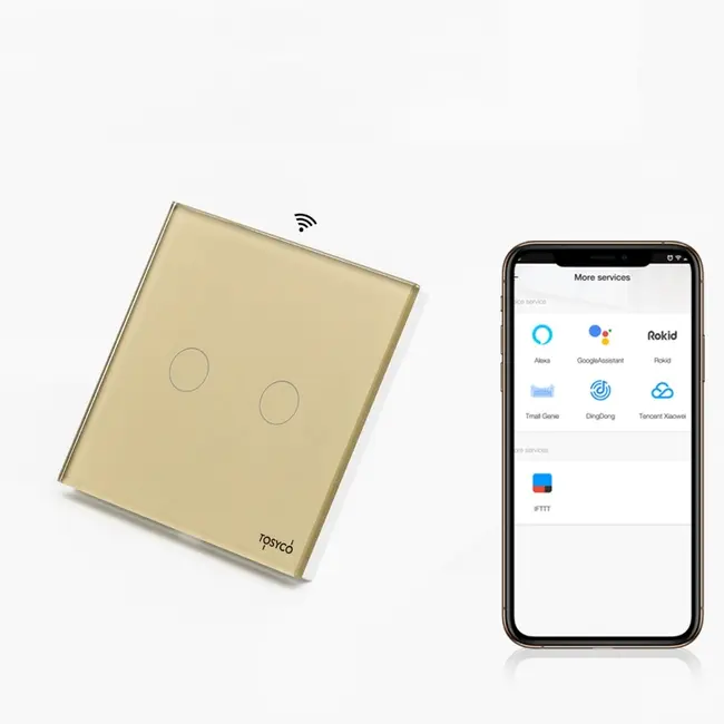 Intrerupator dublu smart WIFI fara NUL cu touch (tactil) din sticla 1000W Tosyco compatibil cu Tuya, Google Home, Amazon Alexa