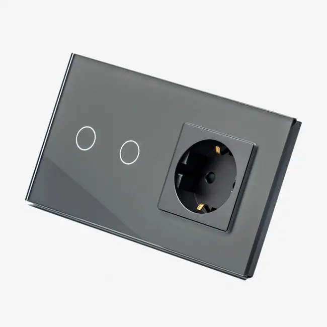 Intrerupator dublu cu touch (tactil) 1000W + priza schuko cu rama din sticla Tosyco