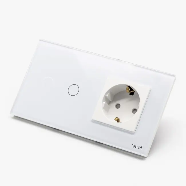 Intrerupator dublu cu touch (tactil) 1000W + priza schuko cu rama din sticla Tosyco