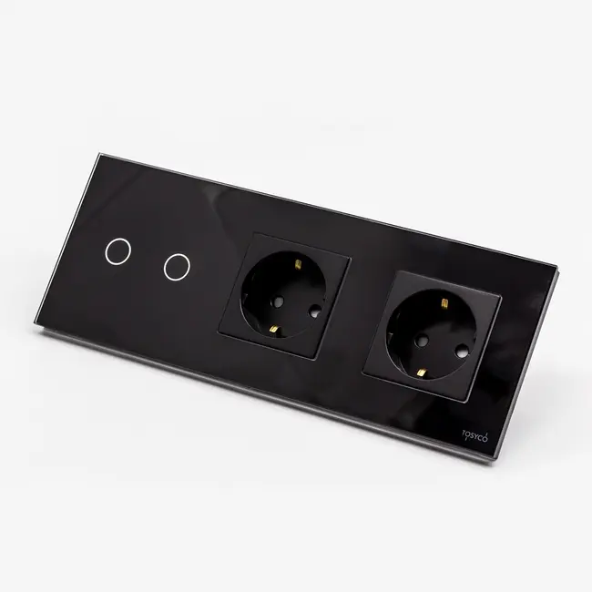 Intrerupator dublu cu touch (tactil) 1000W + priza schuko dubla cu rama din sticla Tosyco