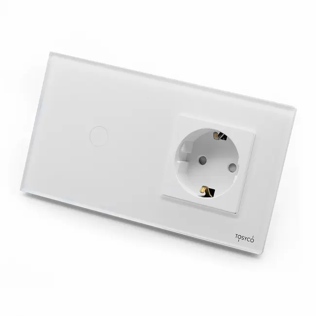Intrerupator simplu cu touch (tactil) 1000W + priza schuko cu rama din sticla Tosyco