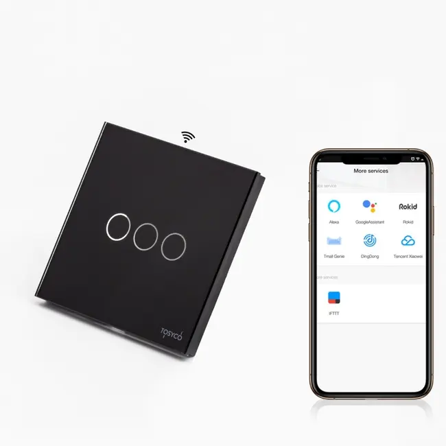 Intrerupator triplu smart WIFI cu NUL cu touch (tactil) din sticla 1000W Tosyco compatibil cu Tuya, Google Home, Amazon Alexa