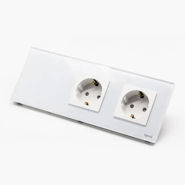 Intrerupator triplu cu touch (tactil) 1000W + priza schuko dubla cu rama din sticla Tosyco