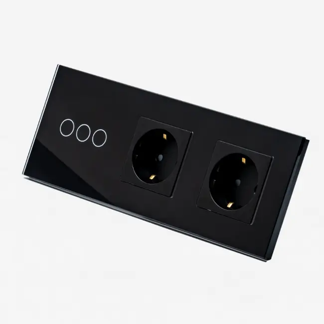 Intrerupator triplu cu touch (tactil) 1000W + priza schuko dubla cu rama din sticla Tosyco