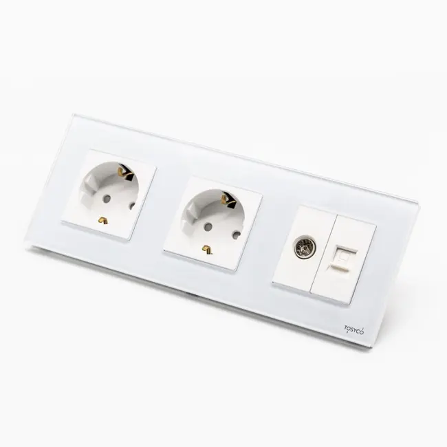 Priza Schuko dubla + TV + LAN cu rama din sticla Tosyco