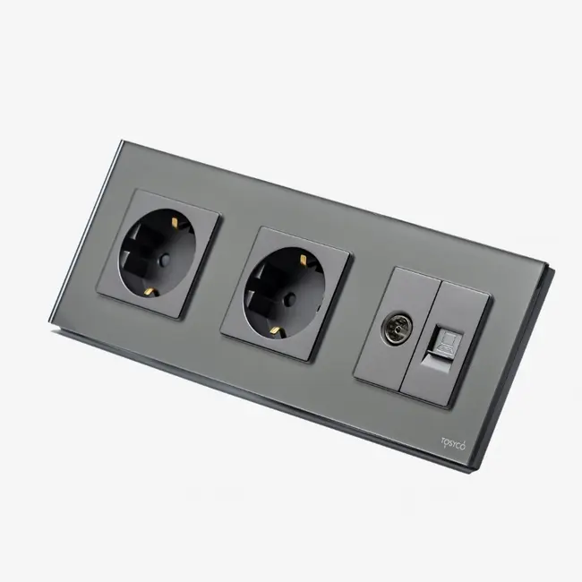 Priza Schuko dubla + TV + LAN cu rama din sticla Tosyco