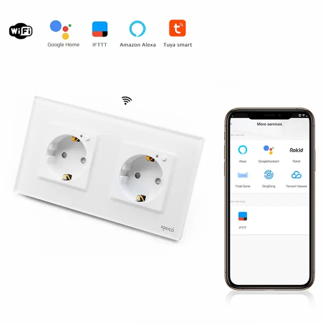Priza schuko smart WIFI dubla cu rama din sticla Tosyco compatibila cu Tuya, Google Home, Amazon Alexa