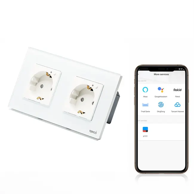 Priza schuko smart WIFI dubla cu rama din sticla Tosyco compatibila cu Tuya, Google Home, Amazon Alexa