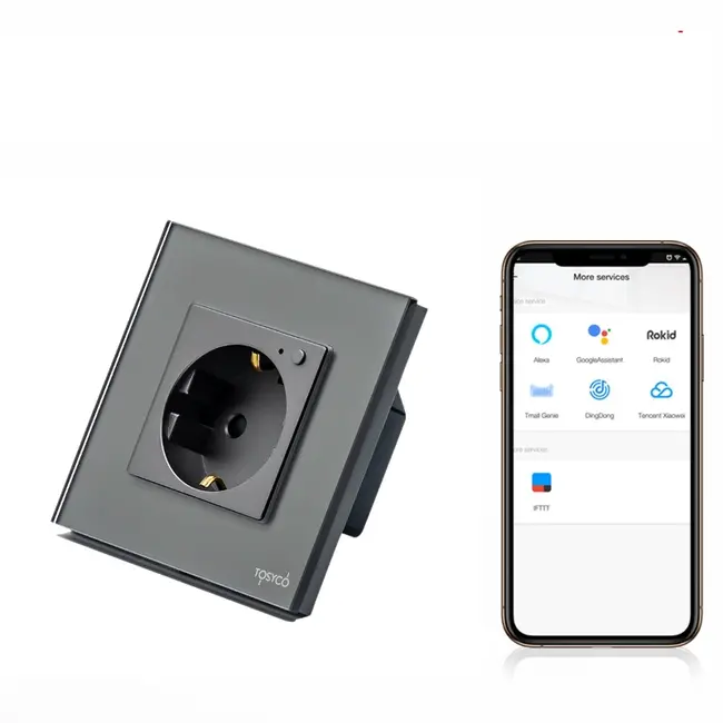 Priza schuko smart WIFI simpla cu rama din sticla Tosyco compatibila cu Tuya, Google Home, Amazon Alexa
