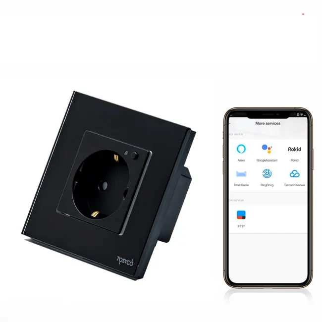Priza schuko smart WIFI simpla cu rama din sticla Tosyco compatibila cu Tuya, Google Home, Amazon Alexa