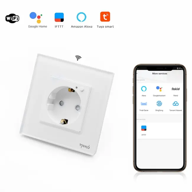 Priza schuko smart WIFI simpla cu rama din sticla Tosyco compatibila cu Tuya, Google Home, Amazon Alexa
